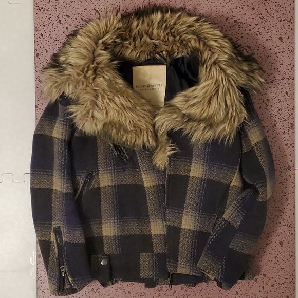 Ralph Lauren Denim & Supply Blue Plaid Winter Jacket with Faux Fur - Picture 1 of 4